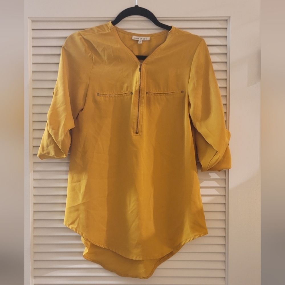 New Glory - Mustard Yellow Lightweigh Tunic Top With Zipper & Faux Pocket Detail